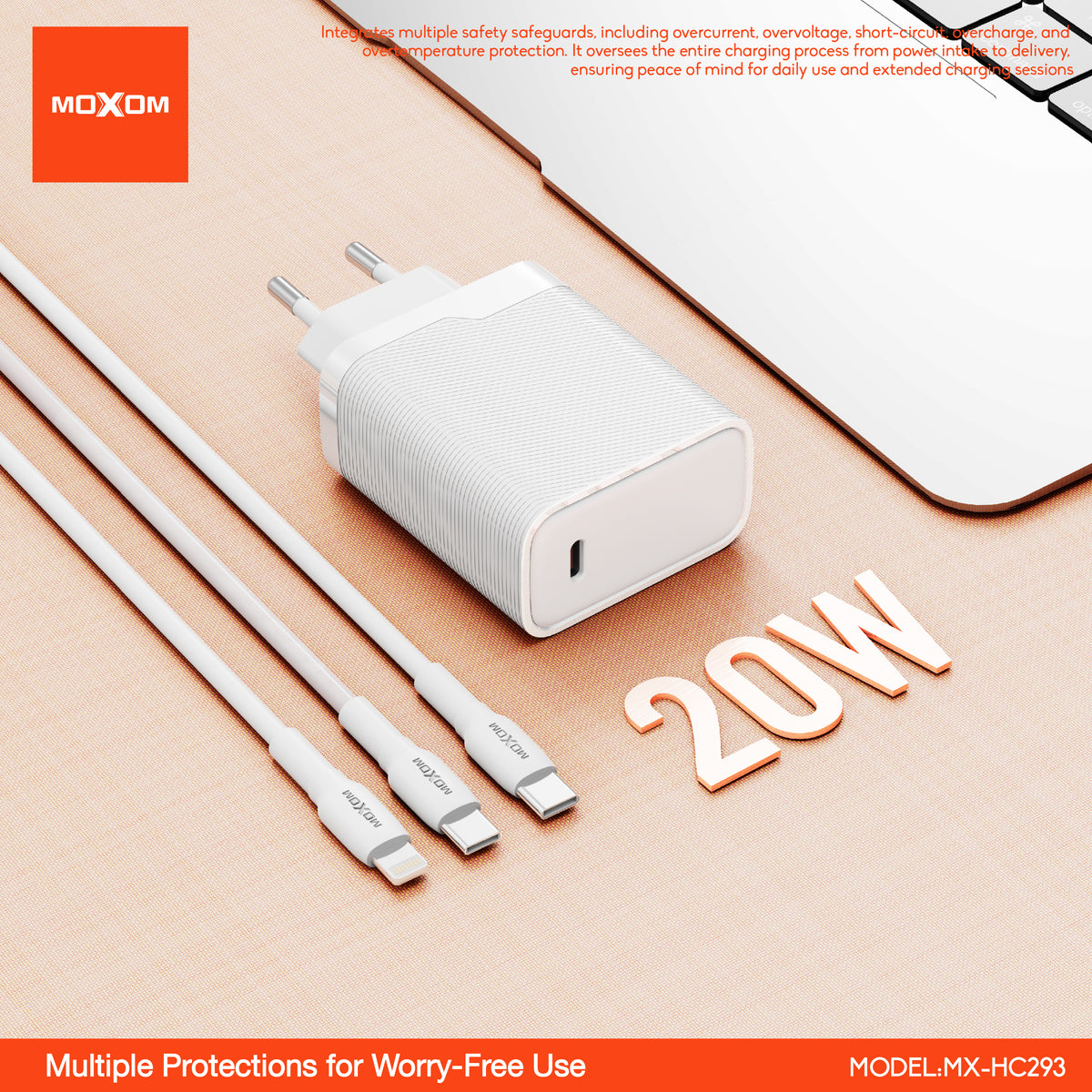 MOXOM MX-HC293 PD 20W USB-C Travel Charger + Cable – Slim, EU Plug, Type-C or Lightning Cable Options