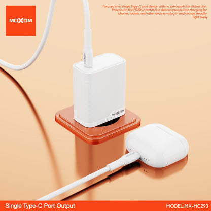 MOXOM MX-HC293 PD 20W USB-C Travel Charger + Cable – Slim, EU Plug, Type-C or Lightning Cable Options