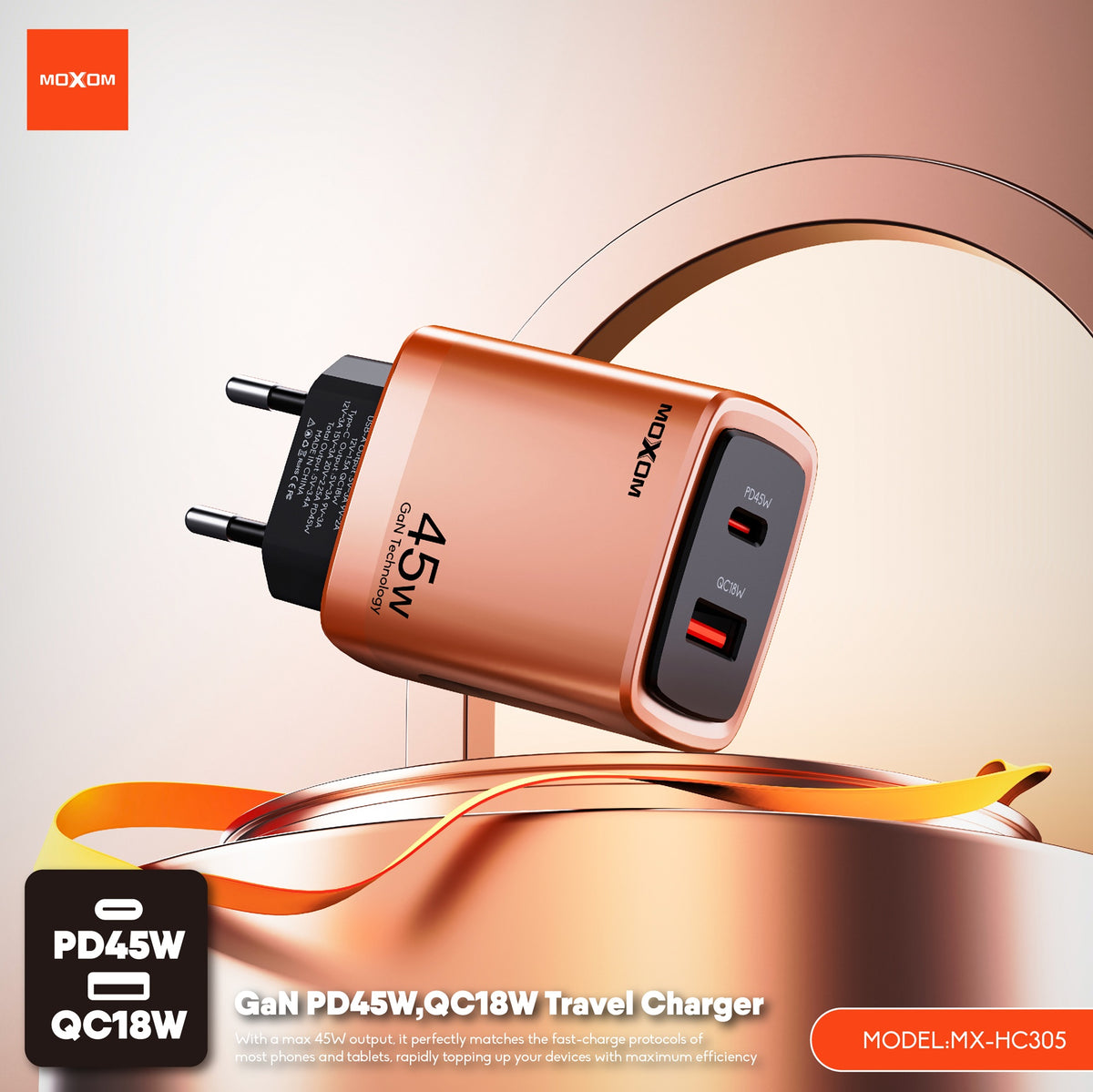 MOXOM MX-HC305 GaN 45W Travel Charger with Cable – USB-C PD 45W + QC 18W USB-A, EU Plug