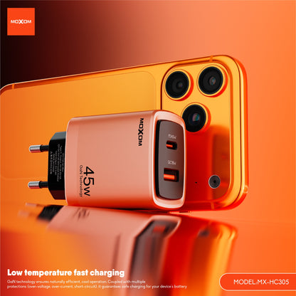 MOXOM MX-HC305 GaN 45W Travel Charger with Cable – USB-C PD 45W + QC 18W USB-A, EU Plug