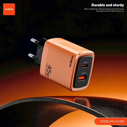 MOXOM MX-HC305 GaN 45W Travel Charger with Cable – USB-C PD 45W + QC 18W USB-A, EU Plug