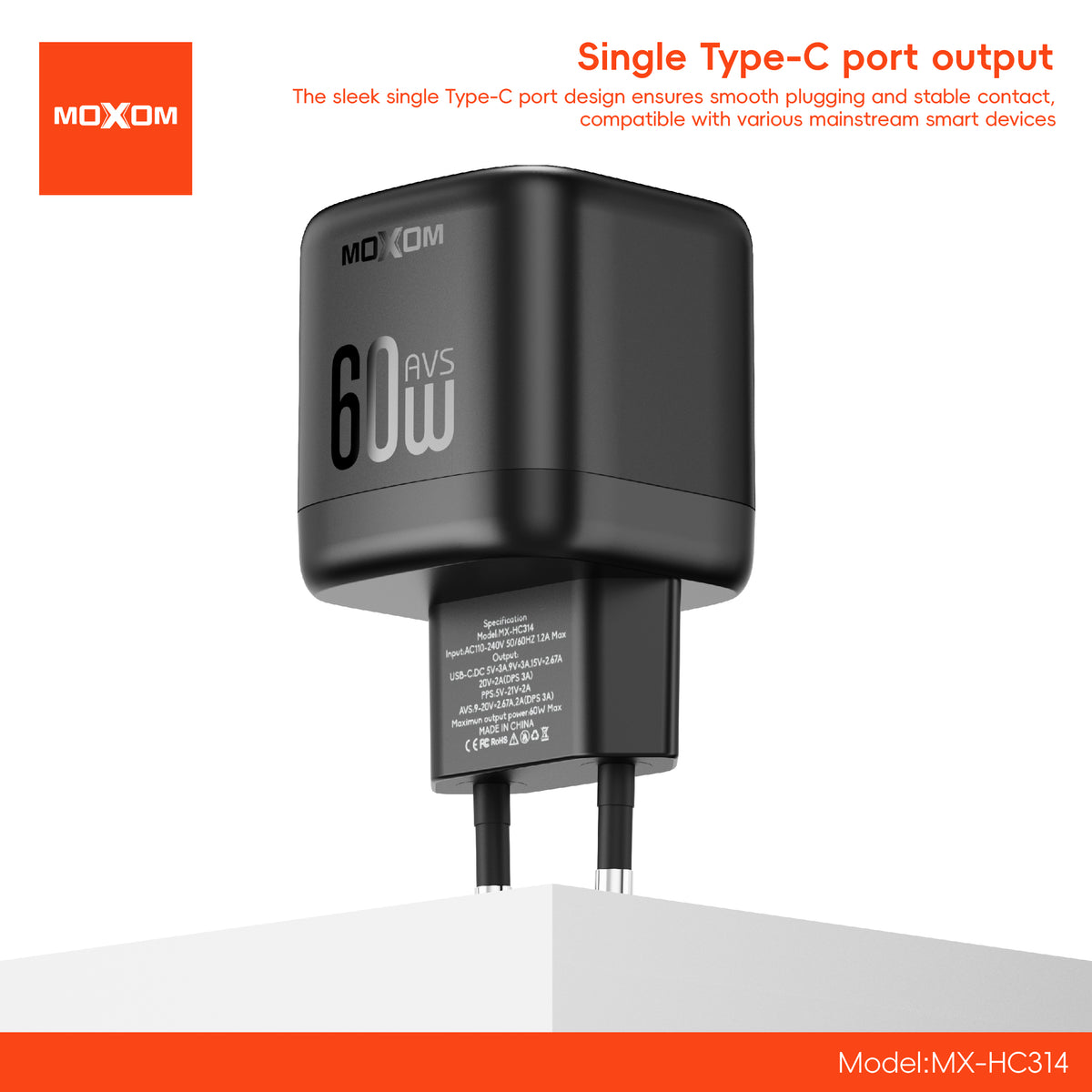 MOXOM MX-HC314 PD 40W USB-C Fast Wall Charger – PPS + AVS Support, EU Plug, Black