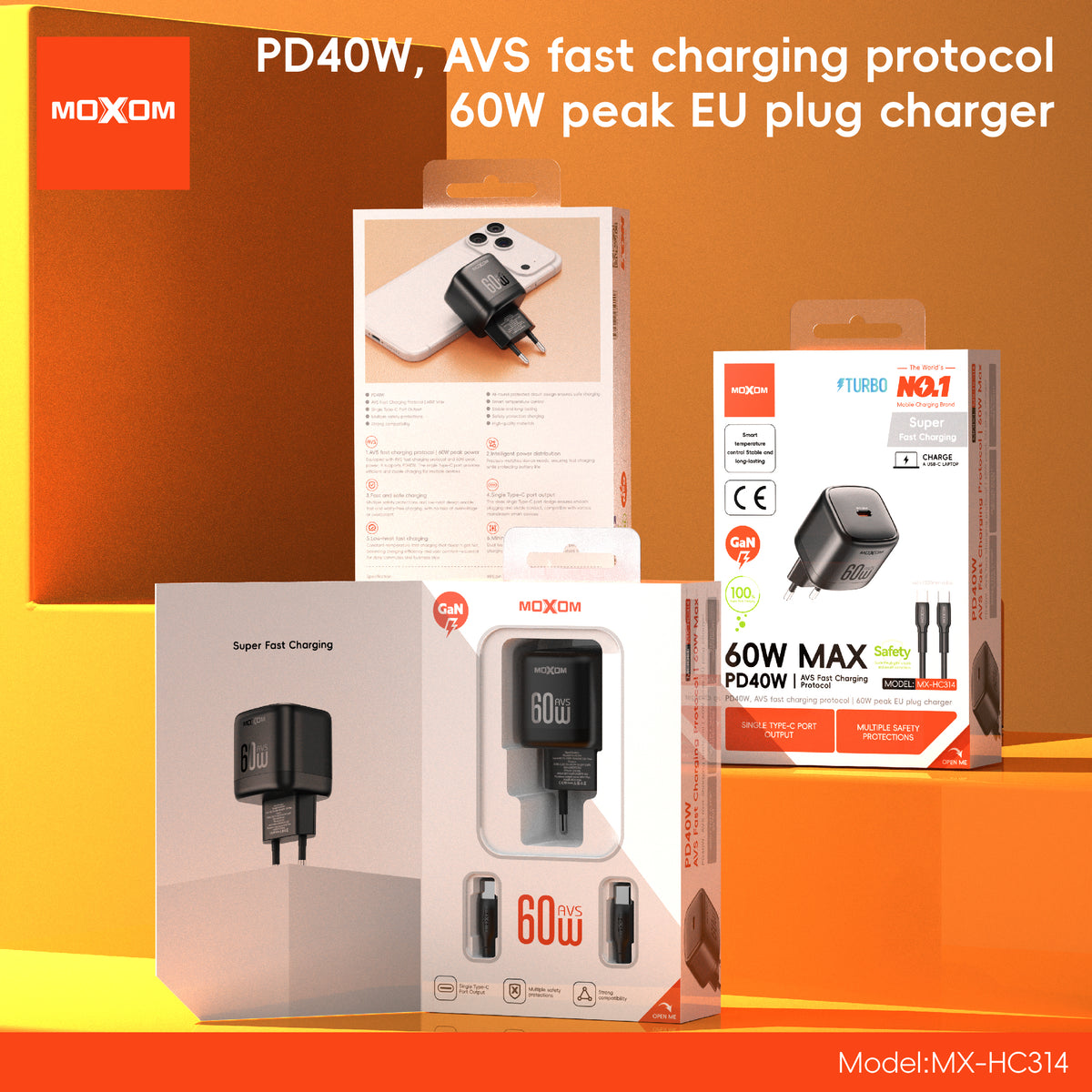 MOXOM MX-HC314 PD 40W USB-C Fast Wall Charger – PPS + AVS Support, EU Plug, Black