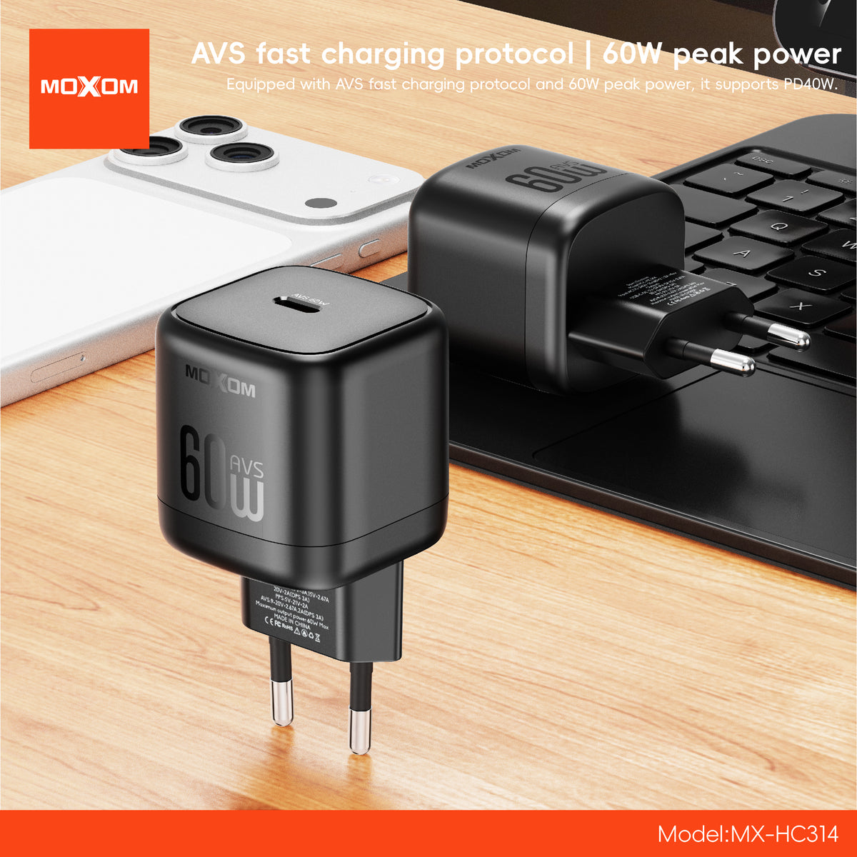 MOXOM MX-HC314 PD 40W USB-C Fast Wall Charger – PPS + AVS Support, EU Plug, Black