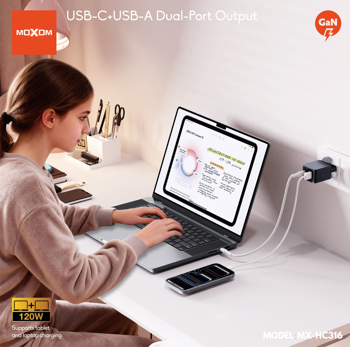 MOXOM MX-HC316 120W Wall Charger – USB-C + USB-A Dual Port, Super Fast Laptop & Phone Charging, EU Plug