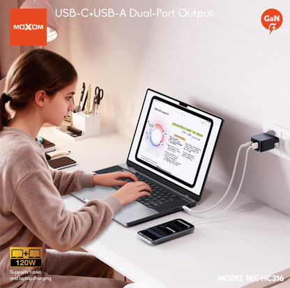MOXOM MX-HC316 120W Wall Charger – USB-C + USB-A Dual Port, Super Fast Laptop & Phone Charging, EU Plug