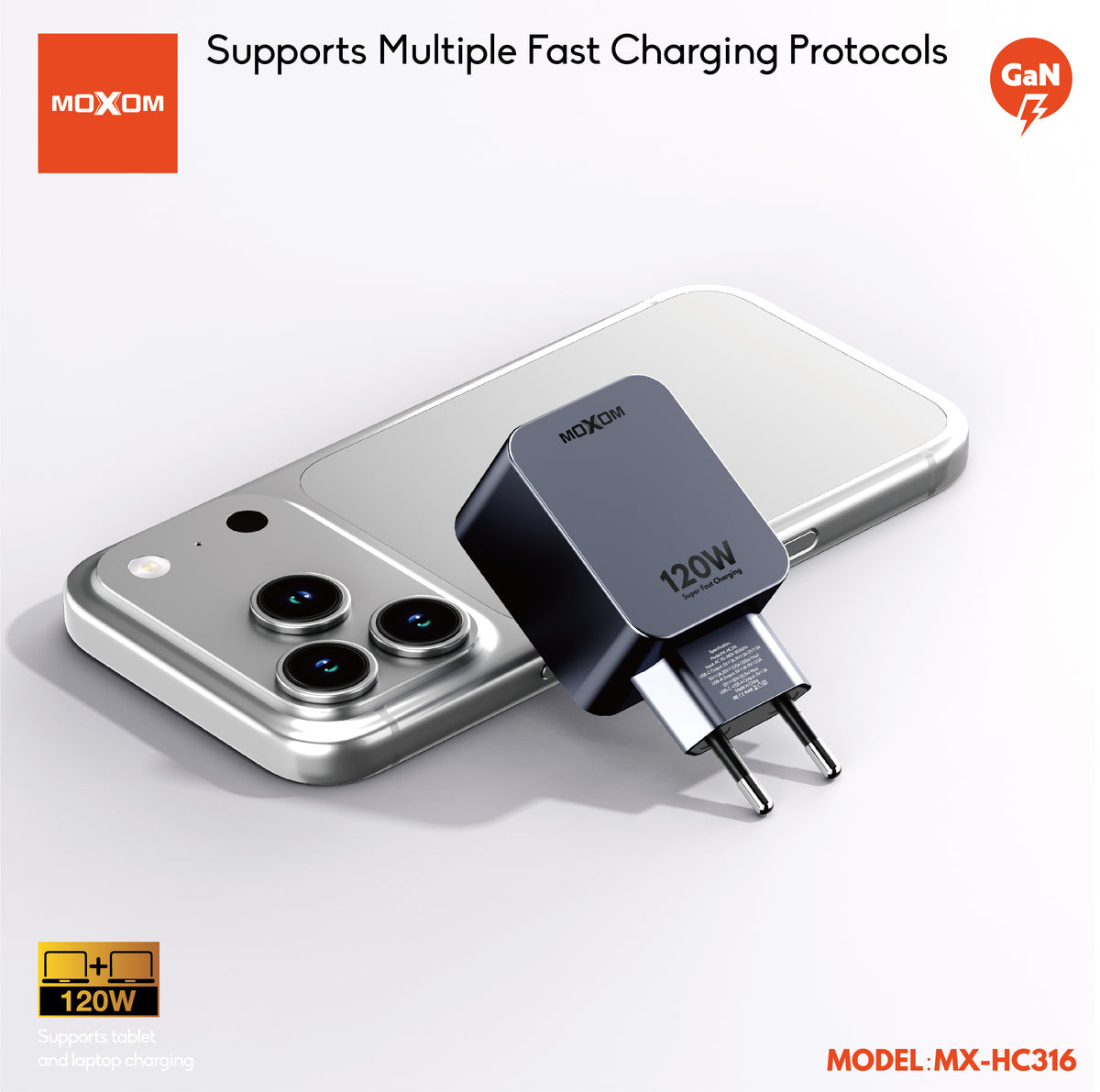 MOXOM MX-HC316 120W Wall Charger – USB-C + USB-A Dual Port, Super Fast Laptop & Phone Charging, EU Plug