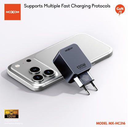 MOXOM MX-HC316 120W Wall Charger – USB-C + USB-A Dual Port, Super Fast Laptop & Phone Charging, EU Plug
