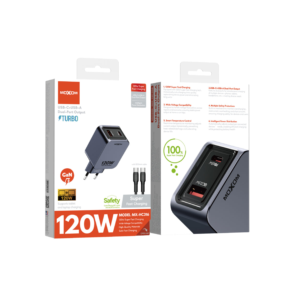 MOXOM MX-HC316 120W Wall Charger – USB-C + USB-A Dual Port, Super Fast Laptop & Phone Charging, EU Plug