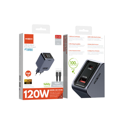 MOXOM MX-HC316 120W Wall Charger – USB-C + USB-A Dual Port, Super Fast Laptop & Phone Charging, EU Plug