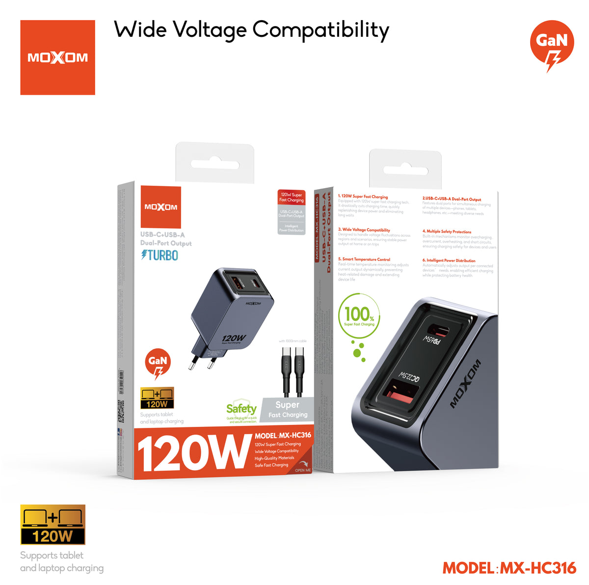 MOXOM MX-HC316 120W Wall Charger – USB-C + USB-A Dual Port, Super Fast Laptop & Phone Charging, EU Plug