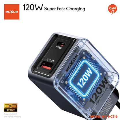 MOXOM MX-HC316 120W Wall Charger – USB-C + USB-A Dual Port, Super Fast Laptop & Phone Charging, EU Plug