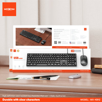MOXOM MX-KB12 USB Wired Keyboard & Mouse Combo – Full 104-Key Layout, 4-Button Mouse, Plug & Play