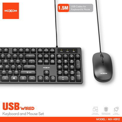 MOXOM MX-KB12 USB Wired Keyboard & Mouse Combo – Full 104-Key Layout, 4-Button Mouse, Plug & Play