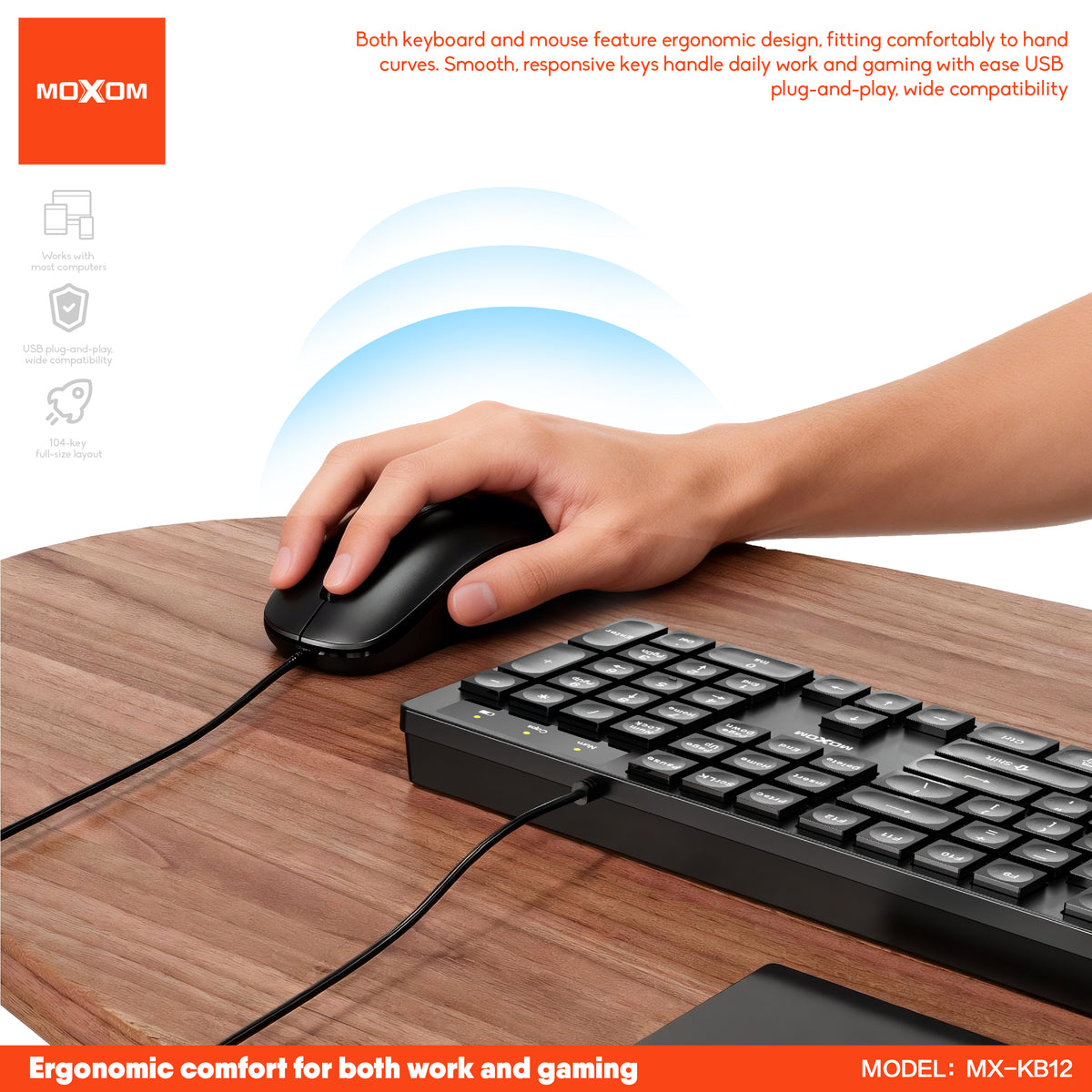 MOXOM MX-KB12 USB Wired Keyboard & Mouse Combo – Full 104-Key Layout, 4-Button Mouse, Plug & Play