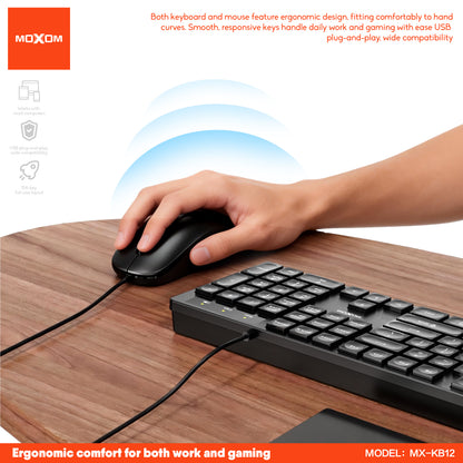 MOXOM MX-KB12 USB Wired Keyboard & Mouse Combo – Full 104-Key Layout, 4-Button Mouse, Plug & Play