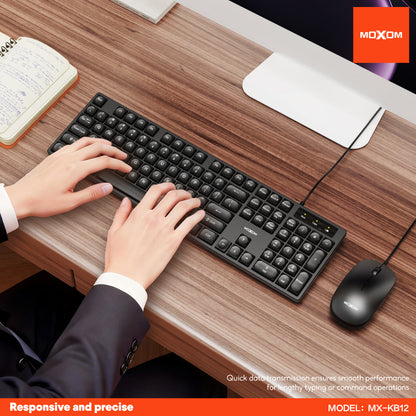 MOXOM MX-KB12 USB Wired Keyboard & Mouse Combo – Full 104-Key Layout, 4-Button Mouse, Plug & Play