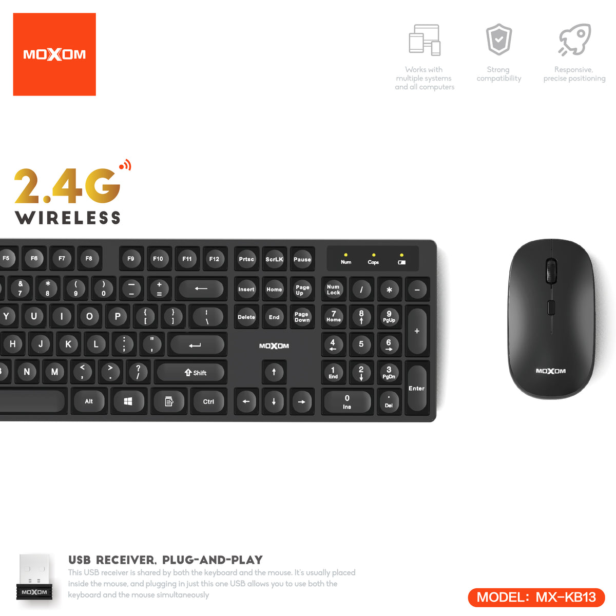 MOXOM MX-KB13 Wireless Keyboard & Mouse Combo – Full-Size Layout, Single USB Receiver, Plug & Play