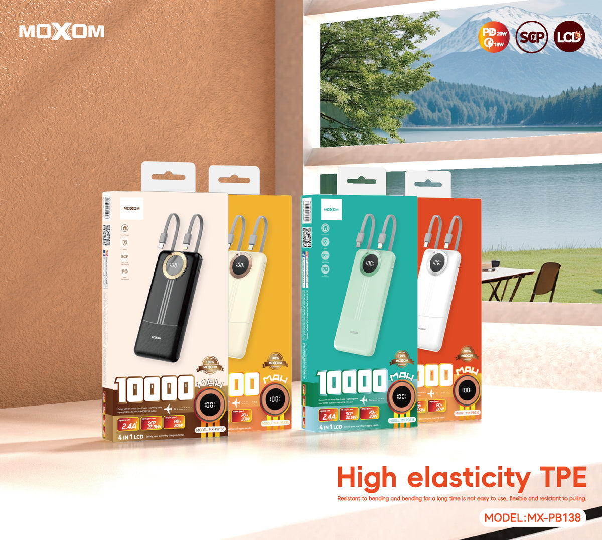 MOXOM MX-PB138 10000mAh Power Bank – Built-in Type-C & Lightning Cables, 2.4A Fast Charging, Black/White