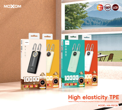 MOXOM MX-PB138 10000mAh Power Bank – Built-in Type-C & Lightning Cables, 2.4A Fast Charging, Black/White