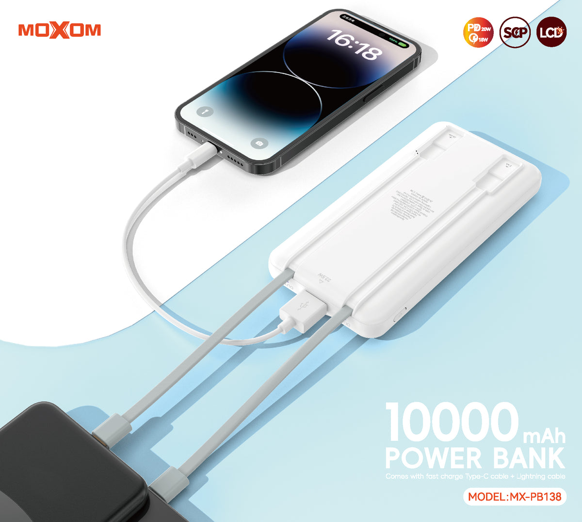 MOXOM MX-PB138 10000mAh Power Bank – Built-in Type-C & Lightning Cables, 2.4A Fast Charging, Black/White