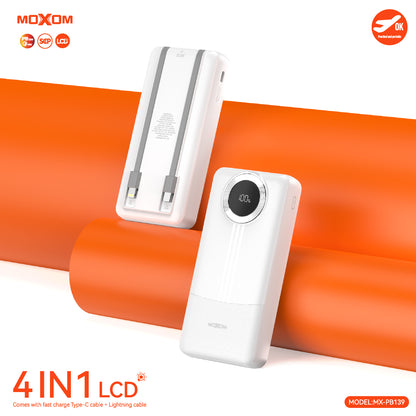 MOXOM MX-PB139 20000mAh Power Bank – 22.5W SCP + 20W PD Fast Charging, LCD Display, Built-in Cables