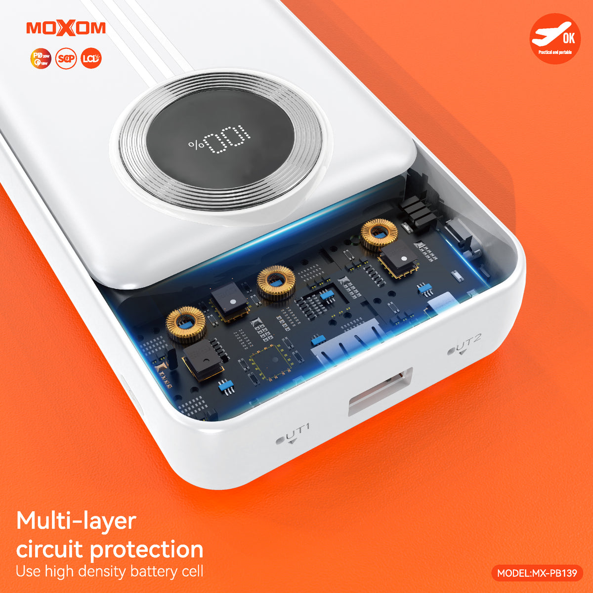 MOXOM MX-PB139 20000mAh Power Bank – 22.5W SCP + 20W PD Fast Charging, LCD Display, Built-in Cables