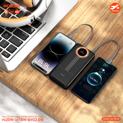 MOXOM MX-PB139 20000mAh Power Bank – 22.5W SCP + 20W PD Fast Charging, LCD Display, Built-in Cables