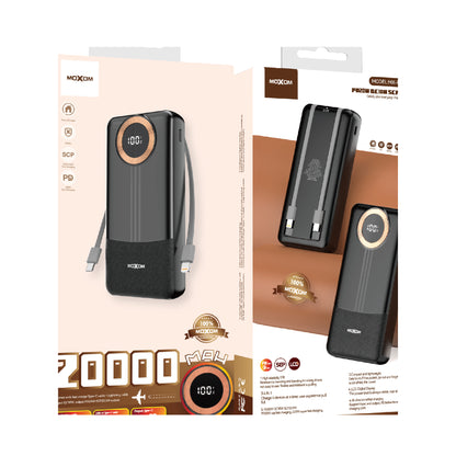 MOXOM MX-PB139 20000mAh Power Bank – 22.5W SCP + 20W PD Fast Charging, LCD Display, Built-in Cables