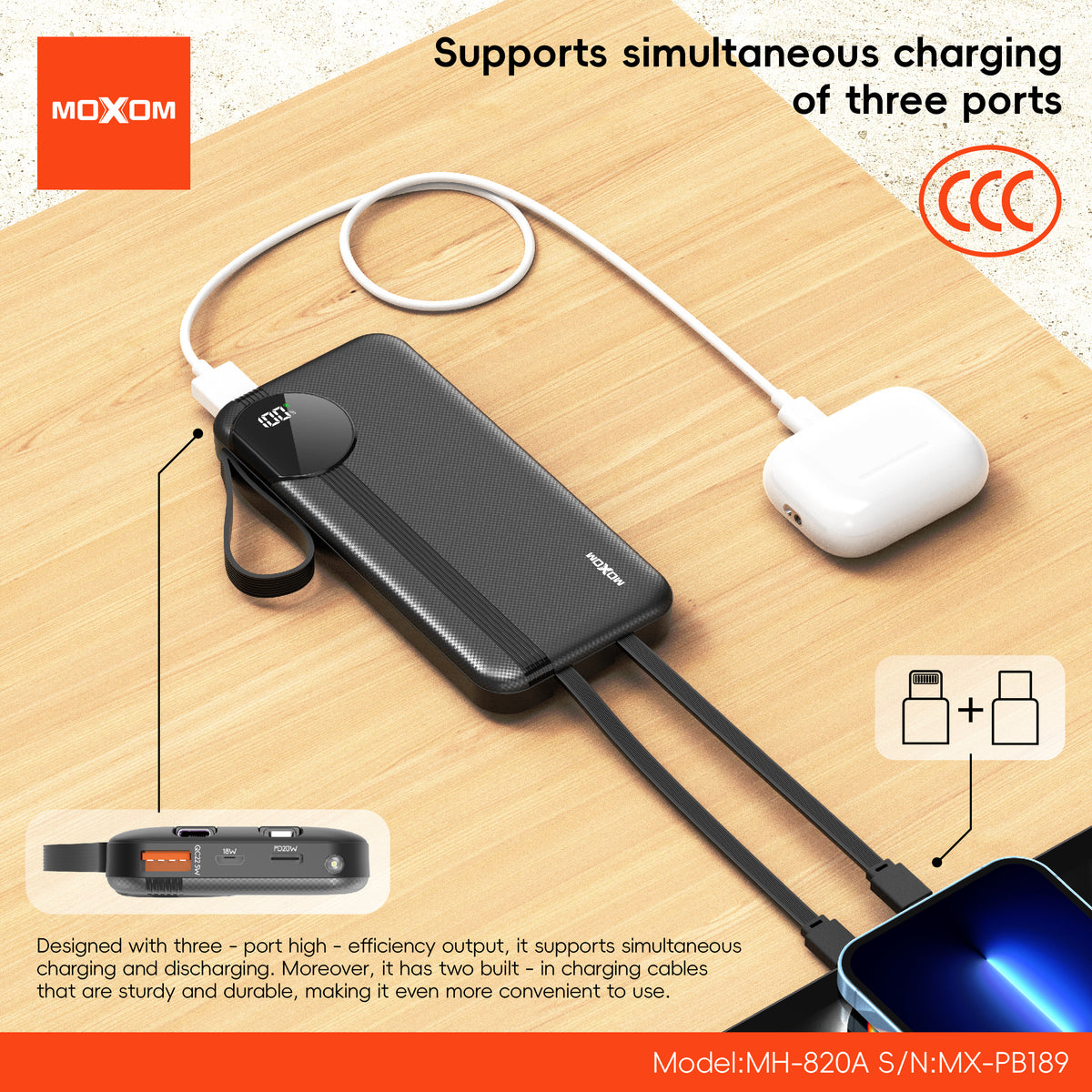 MOXOM MX-PB189 10000mAh Power Bank – 22.5W Fast Charging, Built-in Lightning Cable, Type-C & USB-A