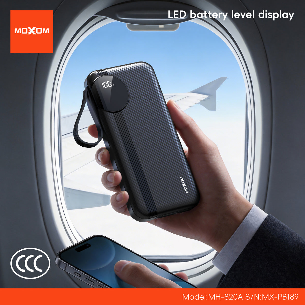 MOXOM MX-PB189 10000mAh Power Bank – 22.5W Fast Charging, Built-in Lightning Cable, Type-C & USB-A