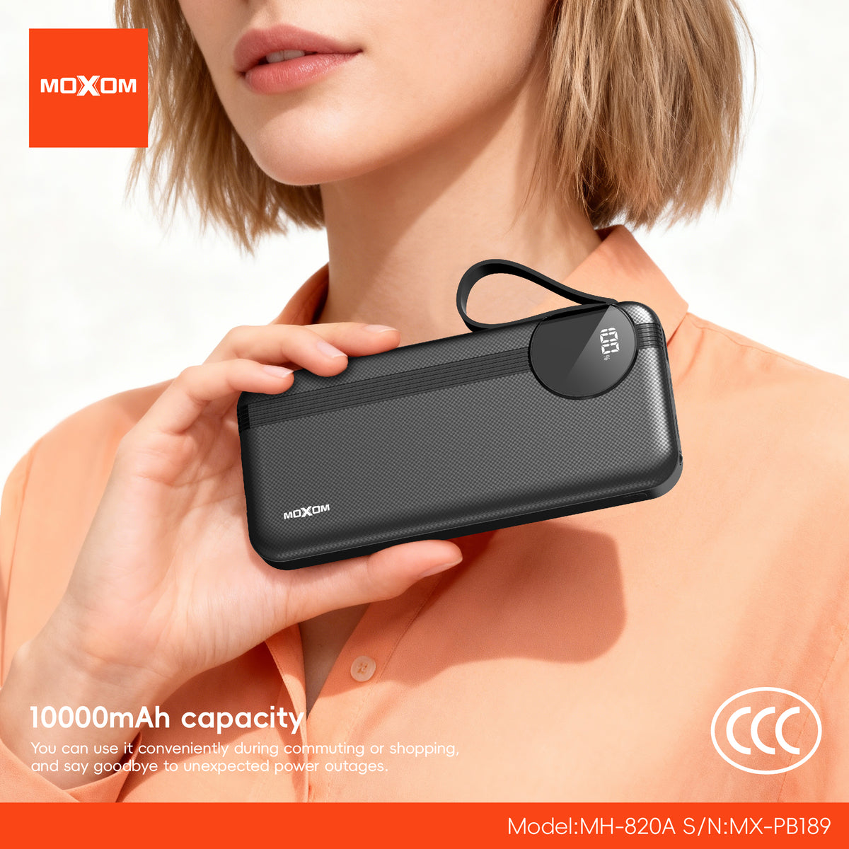 MOXOM MX-PB189 10000mAh Power Bank – 22.5W Fast Charging, Built-in Lightning Cable, Type-C & USB-A