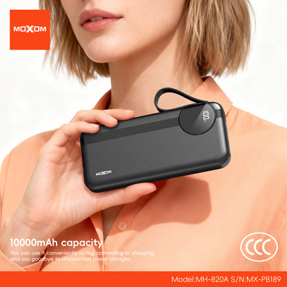 MOXOM MX-PB189 10000mAh Power Bank – 22.5W Fast Charging, Built-in Lightning Cable, Type-C & USB-A