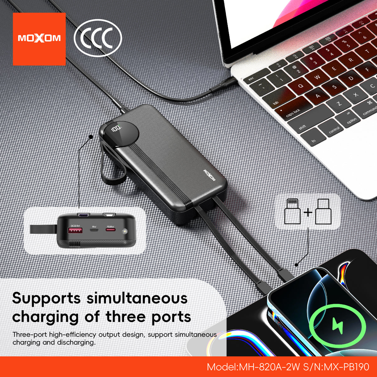 MOXOM MX-PB190 20000mAh Power Bank – 22.5W Fast Charging, Built-in Lightning Cable, Type-C & USB-A