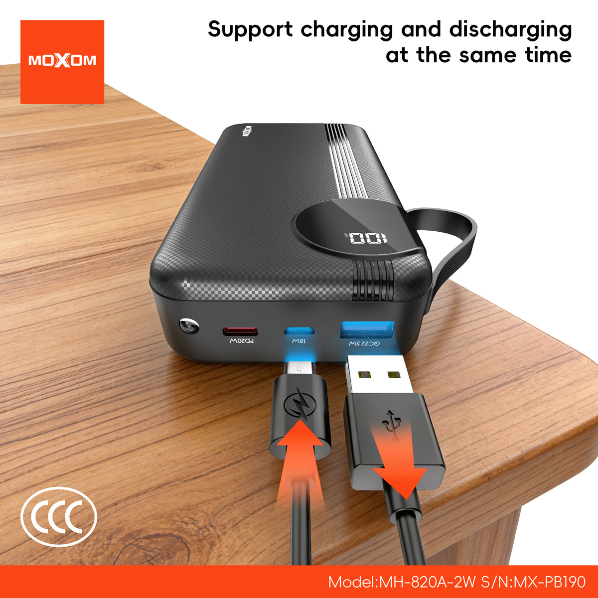 MOXOM MX-PB190 20000mAh Power Bank – 22.5W Fast Charging, Built-in Lightning Cable, Type-C & USB-A