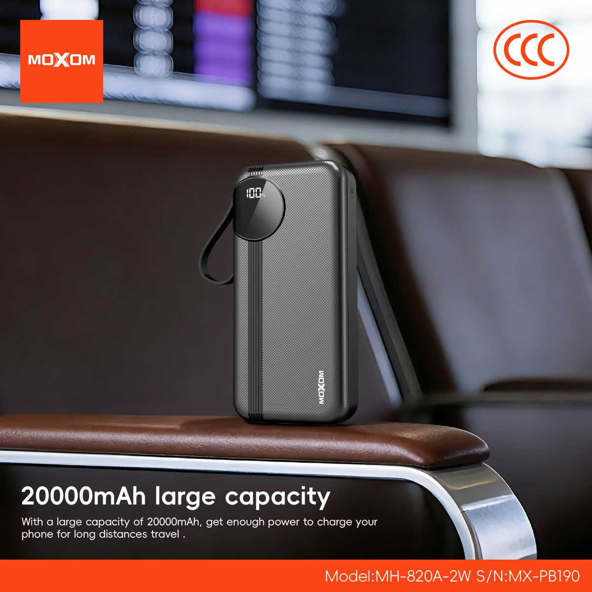 MOXOM MX-PB190 20000mAh Power Bank – 22.5W Fast Charging, Built-in Lightning Cable, Type-C & USB-A