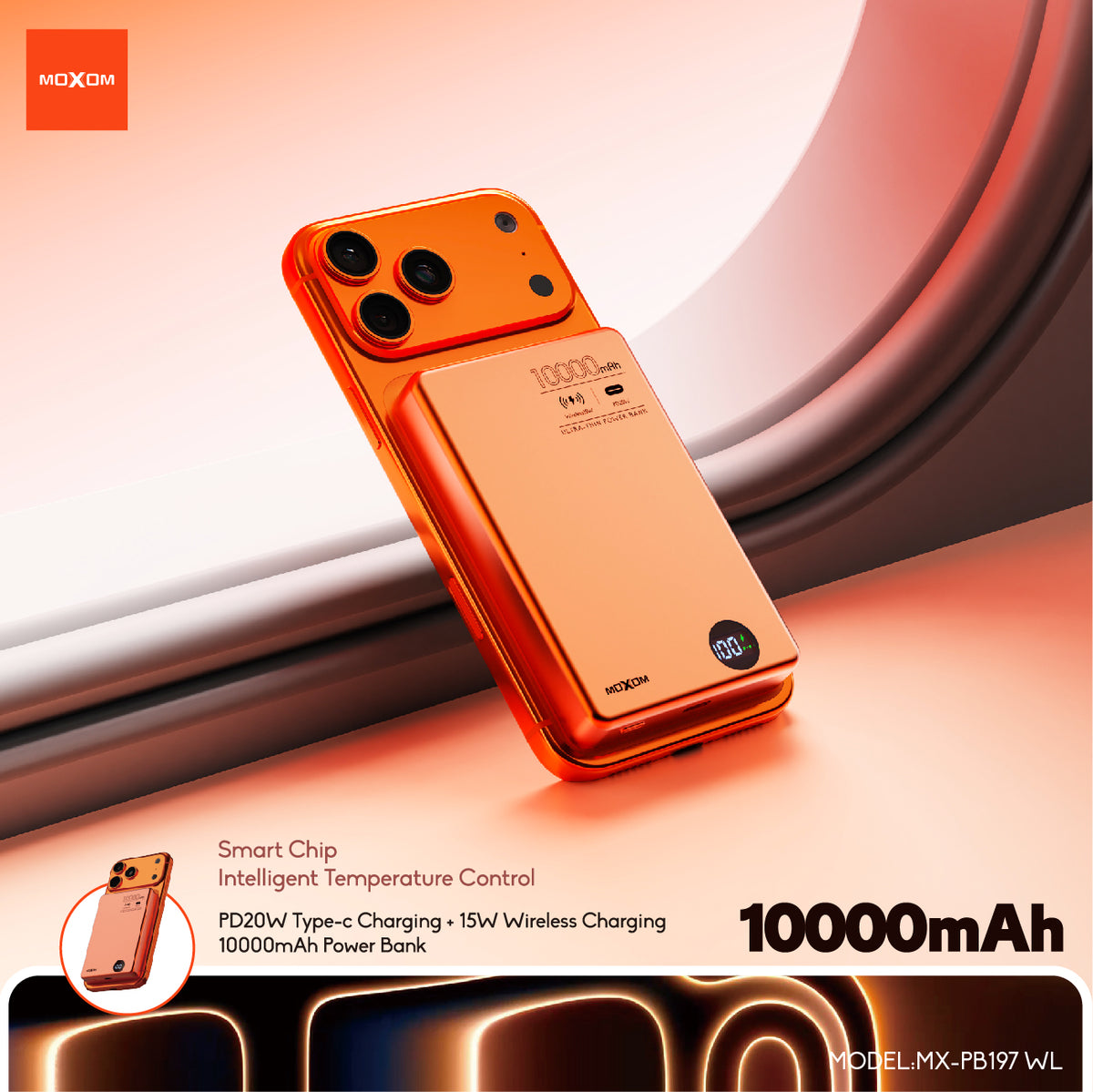 MOXOM MX-PB197 10000mAh Ultra-Thin Wireless Power Bank – 20W PD Fast Charging + 15W Wireless