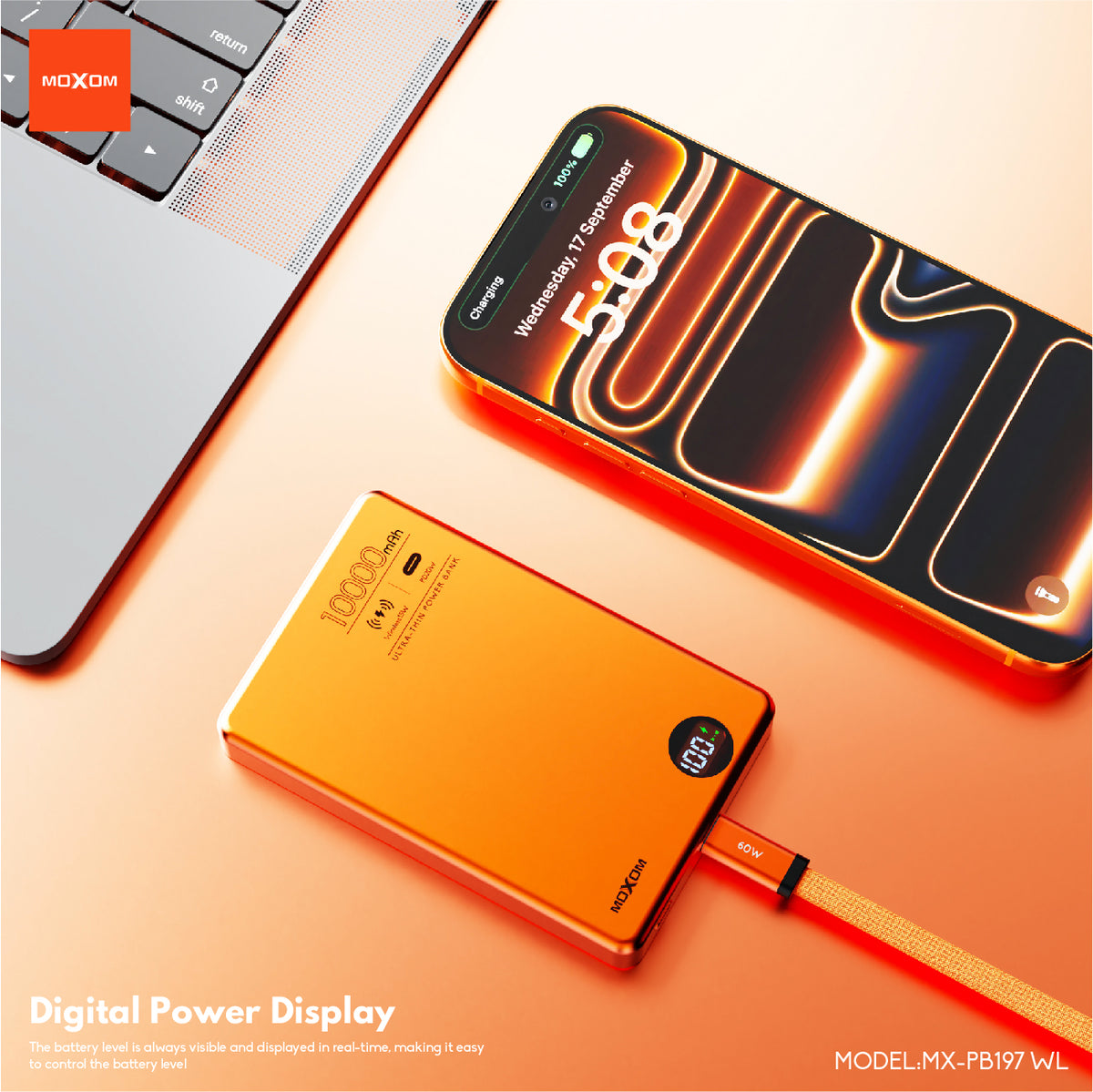 MOXOM MX-PB197 10000mAh Ultra-Thin Wireless Power Bank – 20W PD Fast Charging + 15W Wireless