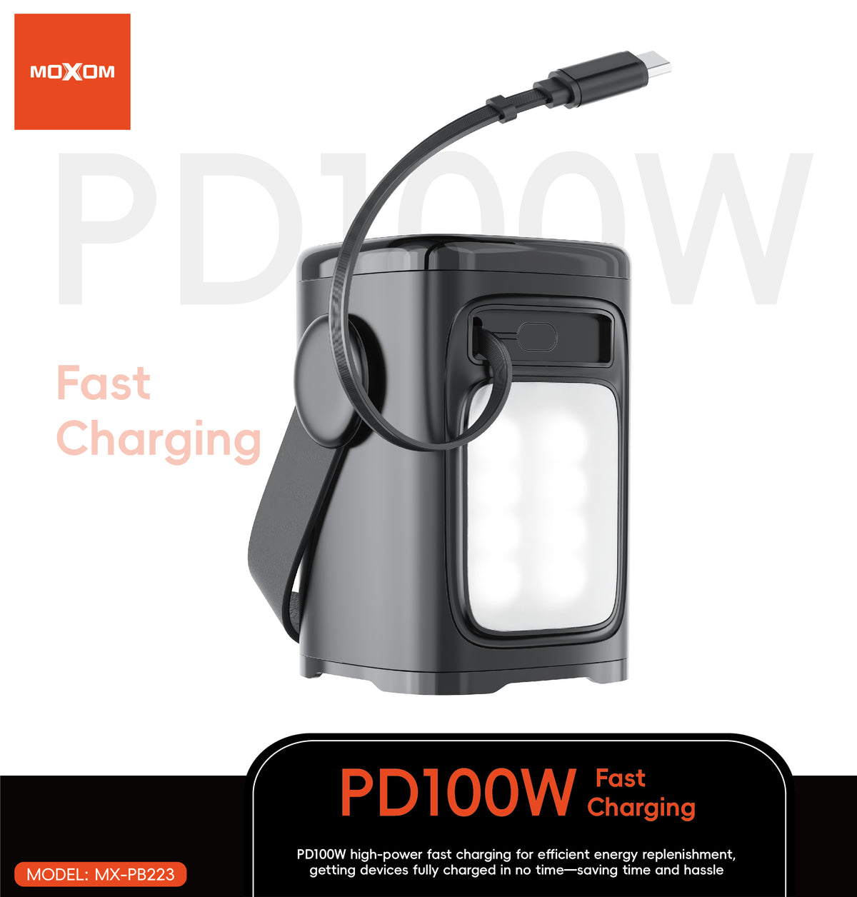 MOXOM MX-PB223 25000mAh Laptop Power Bank – 100W PD USB-C, Built-in Type-C Cable, Multi-Device Charging
