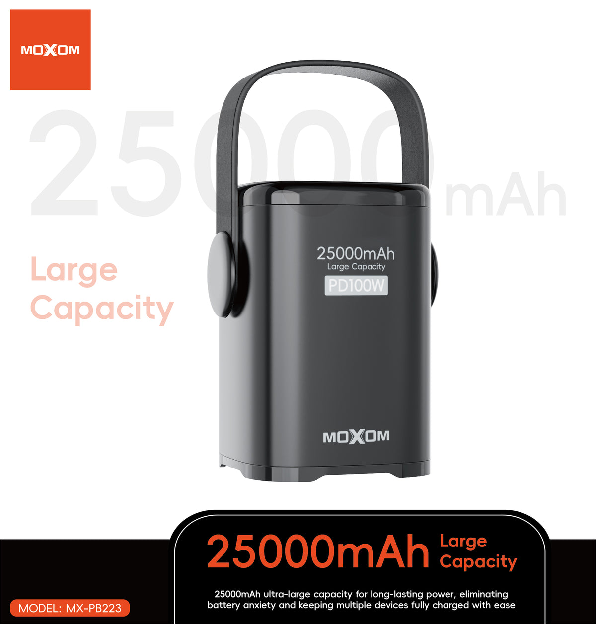 MOXOM MX-PB223 25000mAh Laptop Power Bank – 100W PD USB-C, Built-in Type-C Cable, Multi-Device Charging