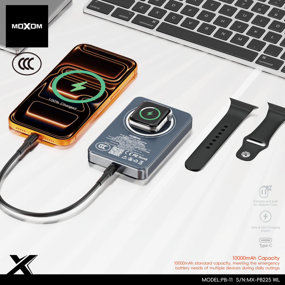 MOXOM MX-PB225 10000mAh Wireless Power Bank – Colour Display, 20W PD Fast Charging + 15W Wireless