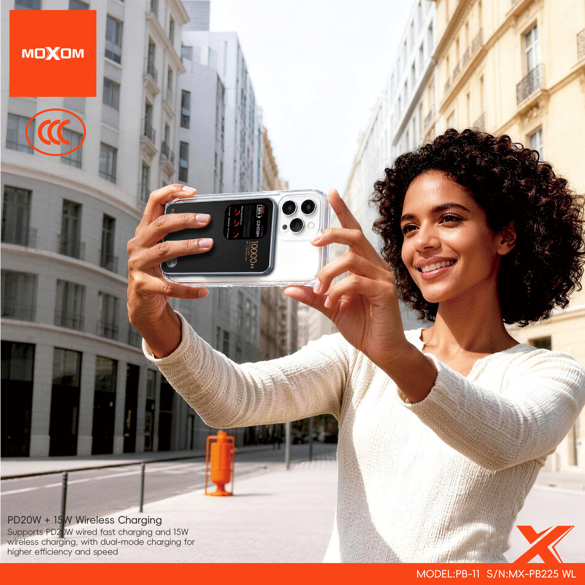 MOXOM MX-PB225 10000mAh Wireless Power Bank – Colour Display, 20W PD Fast Charging + 15W Wireless
