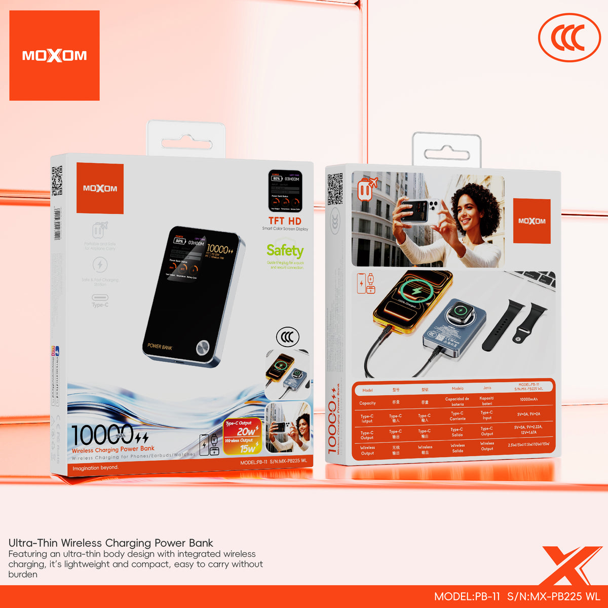 MOXOM MX-PB225 10000mAh Wireless Power Bank – Colour Display, 20W PD Fast Charging + 15W Wireless