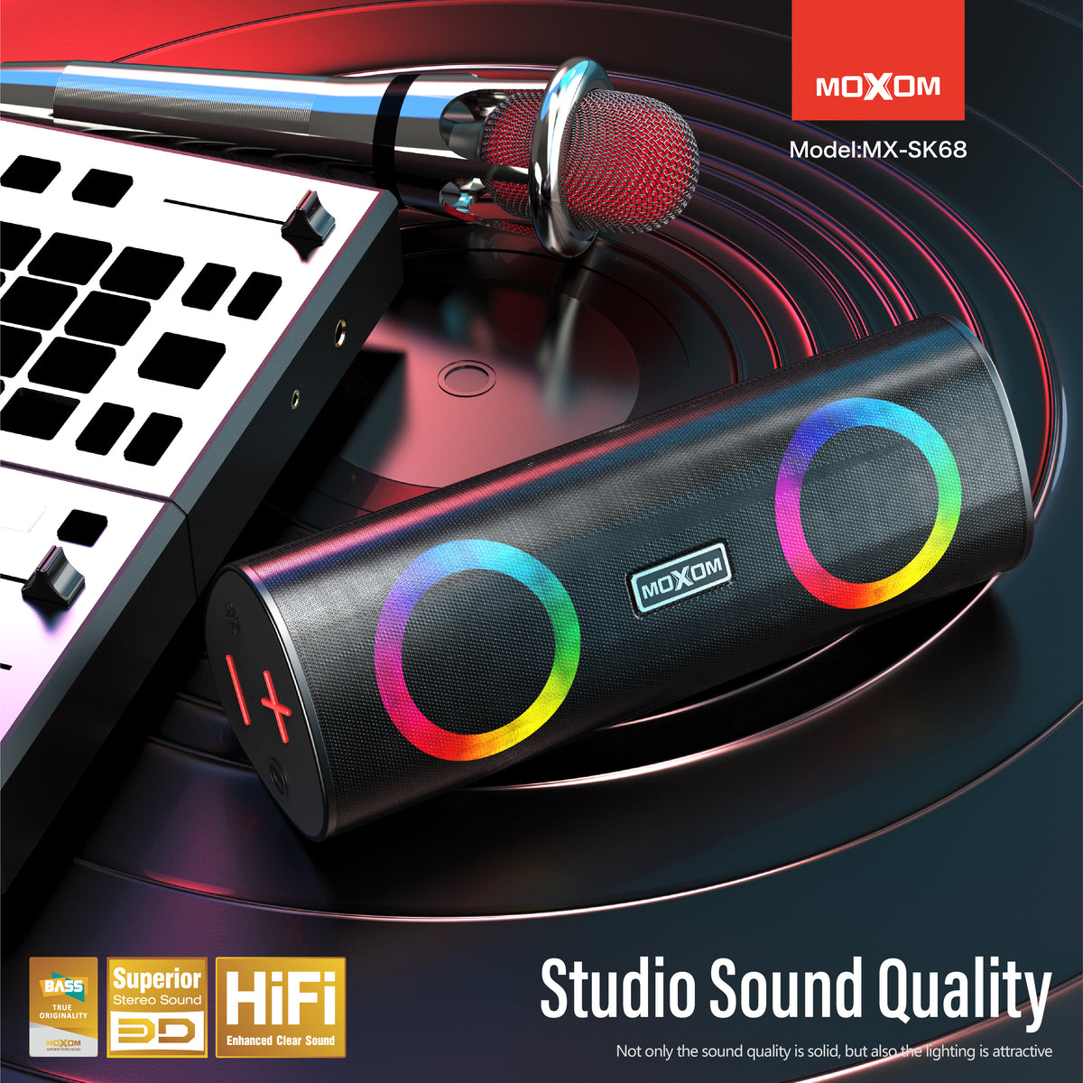 MOXOM MX-SK68 Bluetooth Speaker – 10W Stereo, RGB Lights, Bluetooth 5.2, USB/TF/AUX, Hands-Free Calls