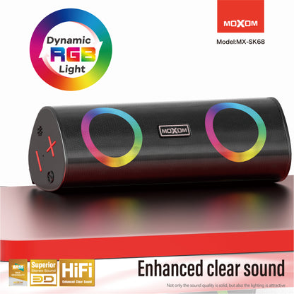MOXOM MX-SK68 Bluetooth Speaker – 10W Stereo, RGB Lights, Bluetooth 5.2, USB/TF/AUX, Hands-Free Calls