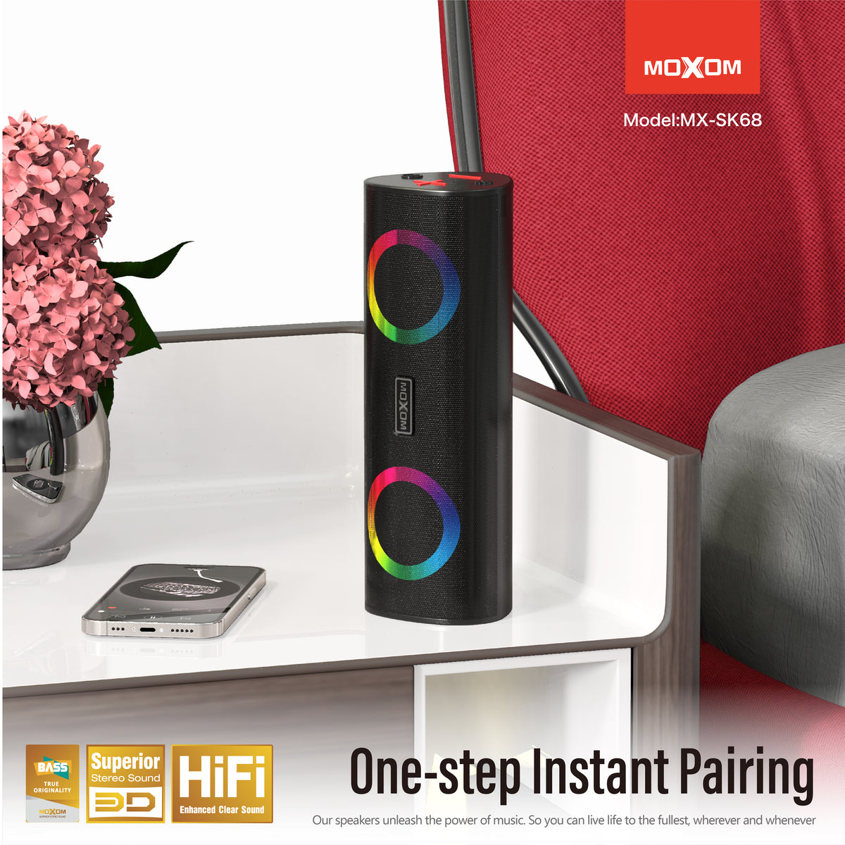 MOXOM MX-SK68 Bluetooth Speaker – 10W Stereo, RGB Lights, Bluetooth 5.2, USB/TF/AUX, Hands-Free Calls