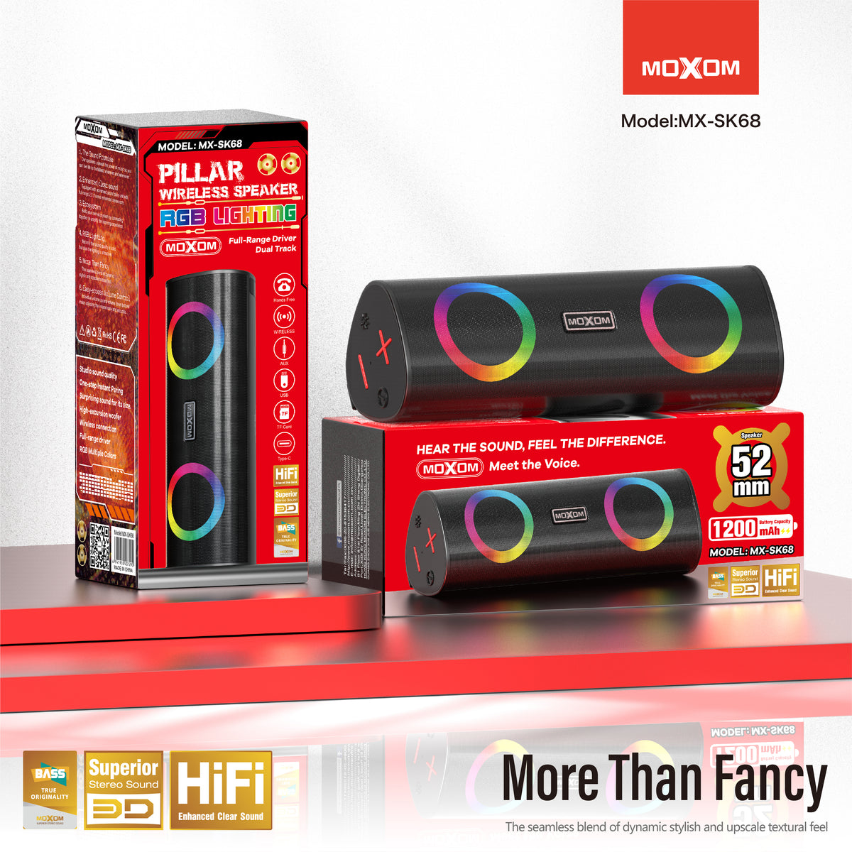 MOXOM MX-SK68 Bluetooth Speaker – 10W Stereo, RGB Lights, Bluetooth 5.2, USB/TF/AUX, Hands-Free Calls