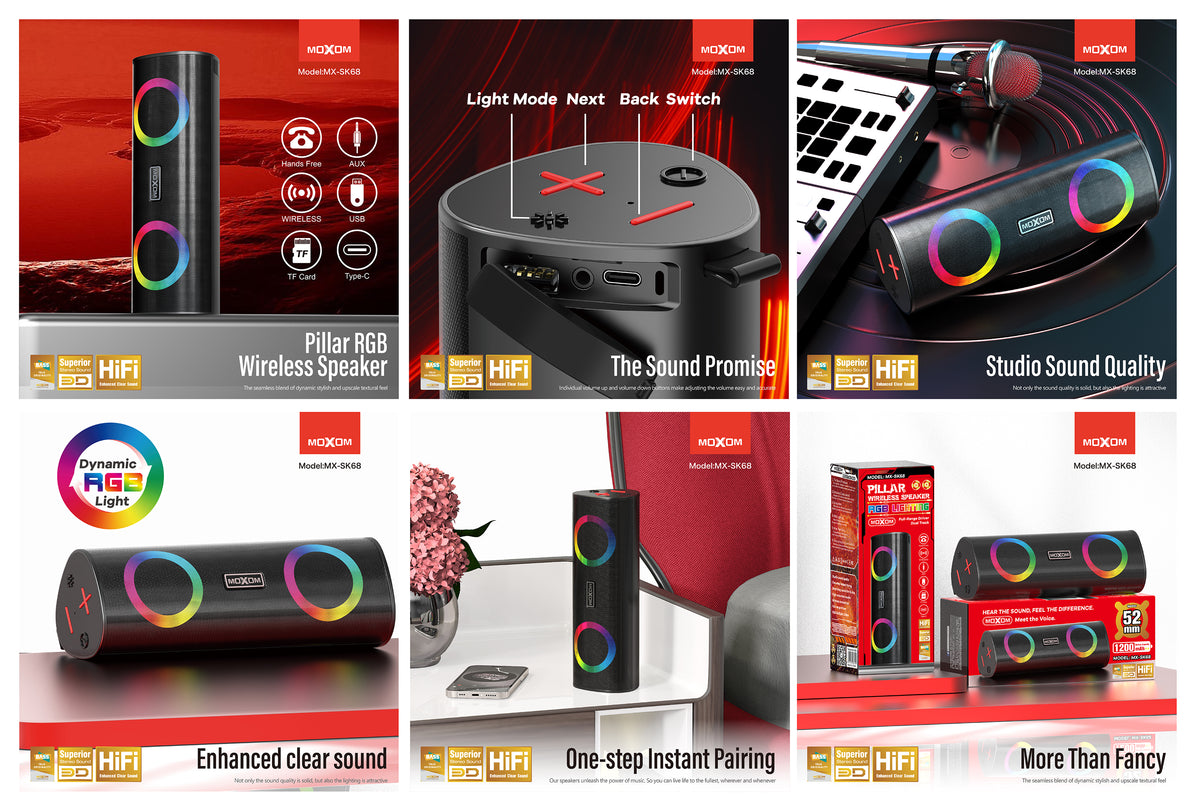 MOXOM MX-SK68 Bluetooth Speaker – 10W Stereo, RGB Lights, Bluetooth 5.2, USB/TF/AUX, Hands-Free Calls