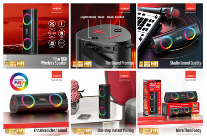 MOXOM MX-SK68 Bluetooth Speaker – 10W Stereo, RGB Lights, Bluetooth 5.2, USB/TF/AUX, Hands-Free Calls