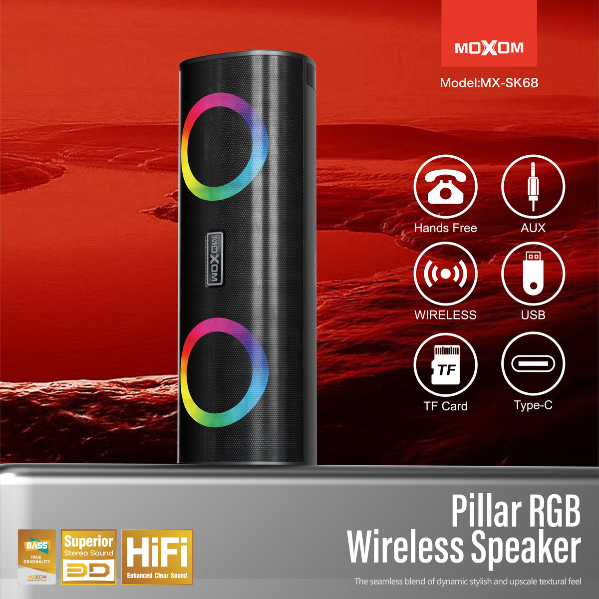 MOXOM MX-SK68 Bluetooth Speaker – 10W Stereo, RGB Lights, Bluetooth 5.2, USB/TF/AUX, Hands-Free Calls